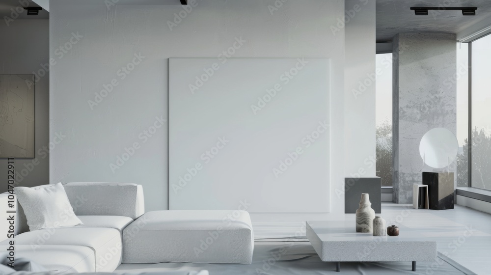 A high-tech minimalist showcase featuring a white canvas backdrop, Futuristic furniture arrangement in a smart home environment, Futuristic minimalism style A high-tech minimalist showcase featuring a white canvas backdrop, Futuristic furniture arrangement in a smart home environment, Futuristic minimalism style