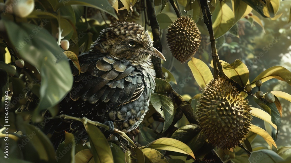 Obraz premium A Bird Perched on a Durian Tree Branch