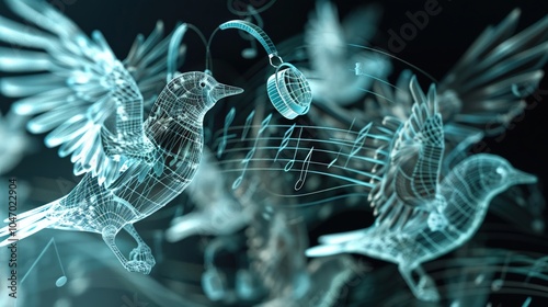 closeupA whimsical wireframe mesh illustration of a music box, filled with delicate details and a sense of wonder  ,AI Music Technology