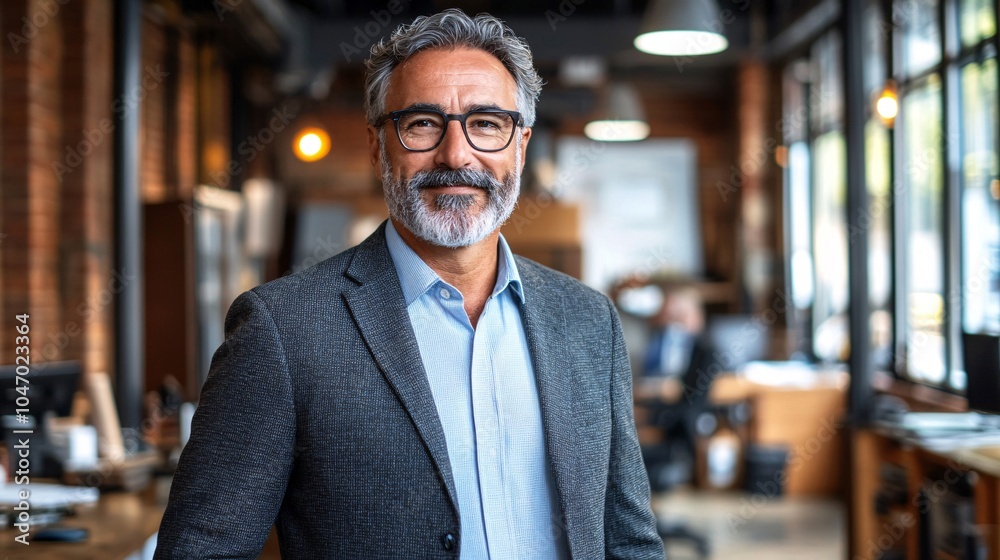 Fototapeta premium Senior executive walking through a modern office space with confident stride toward an important meeting with colleagues Stock Photo with side copy space
