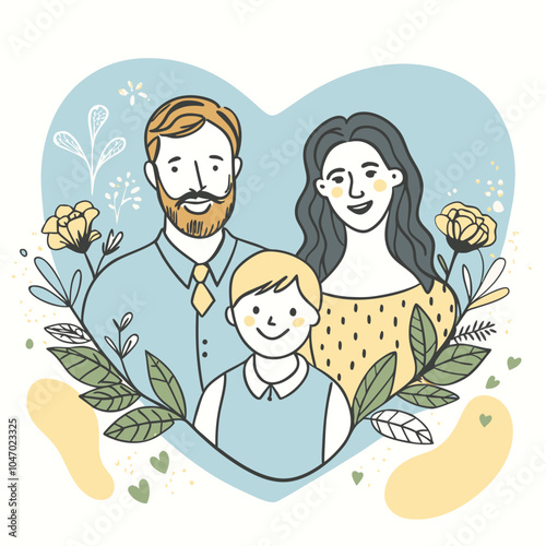 Happy Family Illustration with Floral Design