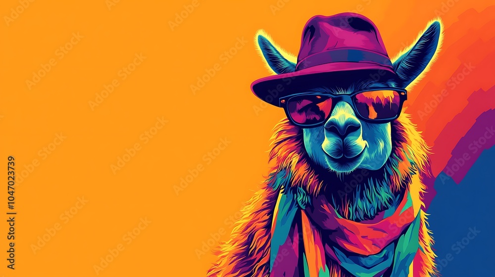 Naklejka premium Fashionable llama with a hat and colorful scarf posing confidently