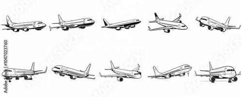 Simple black outline of an airplane clip art style minimalist icon set, 10 pcs