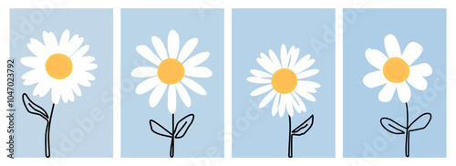 Set of daisy flower on blue backgrounds vector. Cute wall art decoration.