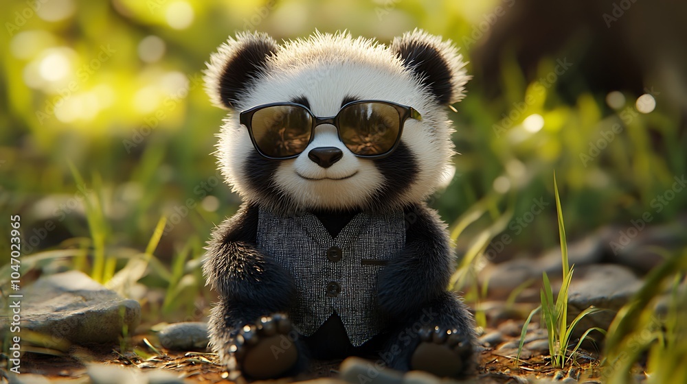 Fototapeta premium Cool panda with a stylish vest and glasses giving a trendy look