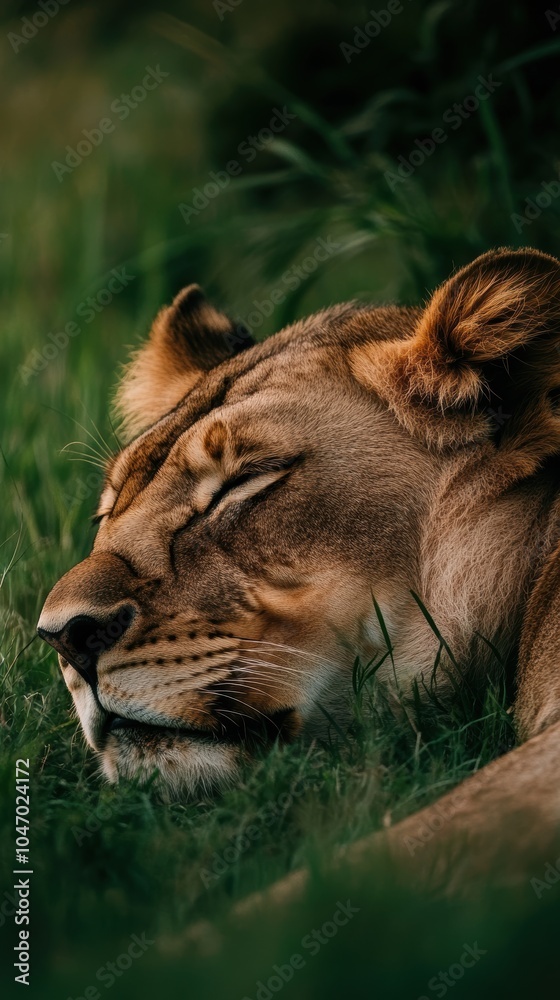 Naklejka premium Lioness sleeping peacefully in green grass close-up portrait