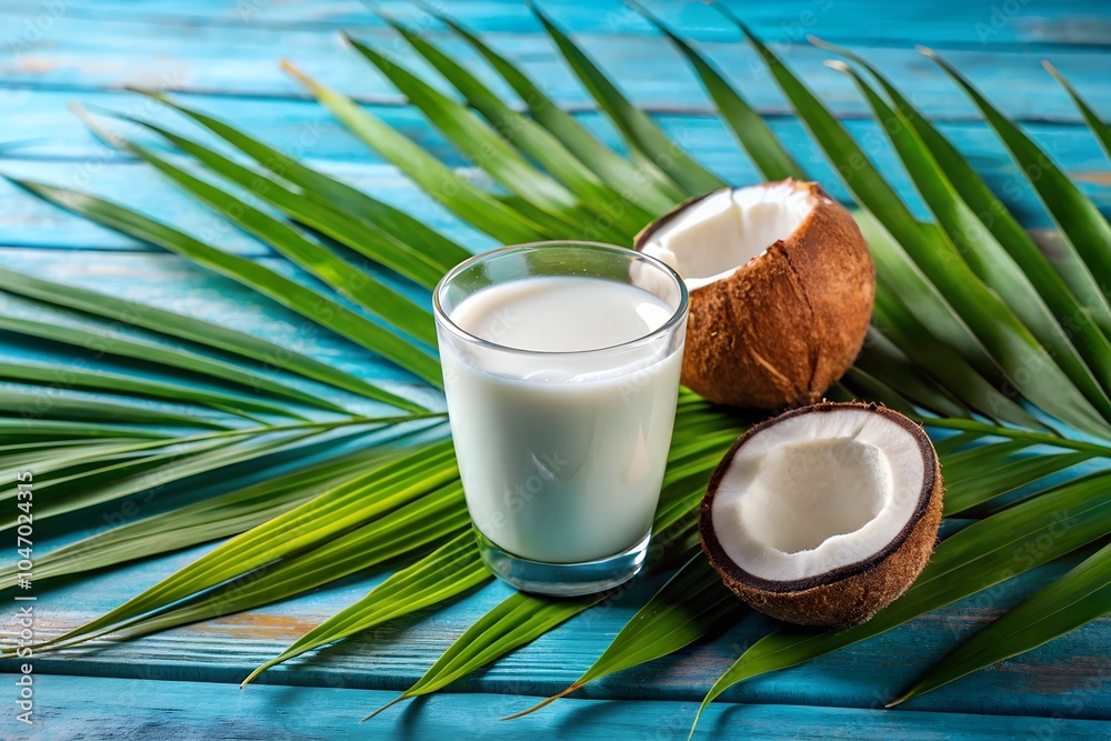 A glass of coconut milk with cracked coconuts and palm leaves on a blue background. A glass of coconut milk with cracked coconuts and palm leaves on a blue background.