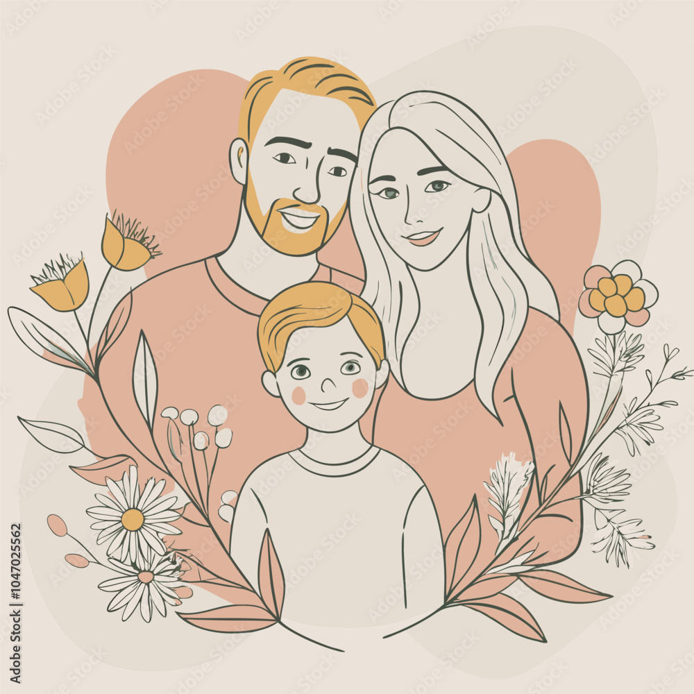 Happy Family Illustration with Floral Accents Happy Family Illustration with Floral Accents