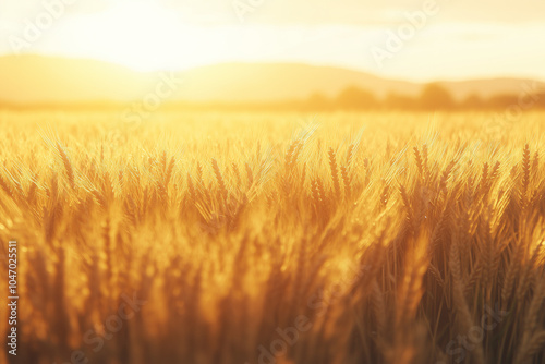 Landscape view of terraced rice field on highland, Aerial view of golden wheat terraced farm, Harvest season agriculture on the mountain, Selective focus ready to harvest wheat farm with sunset view.