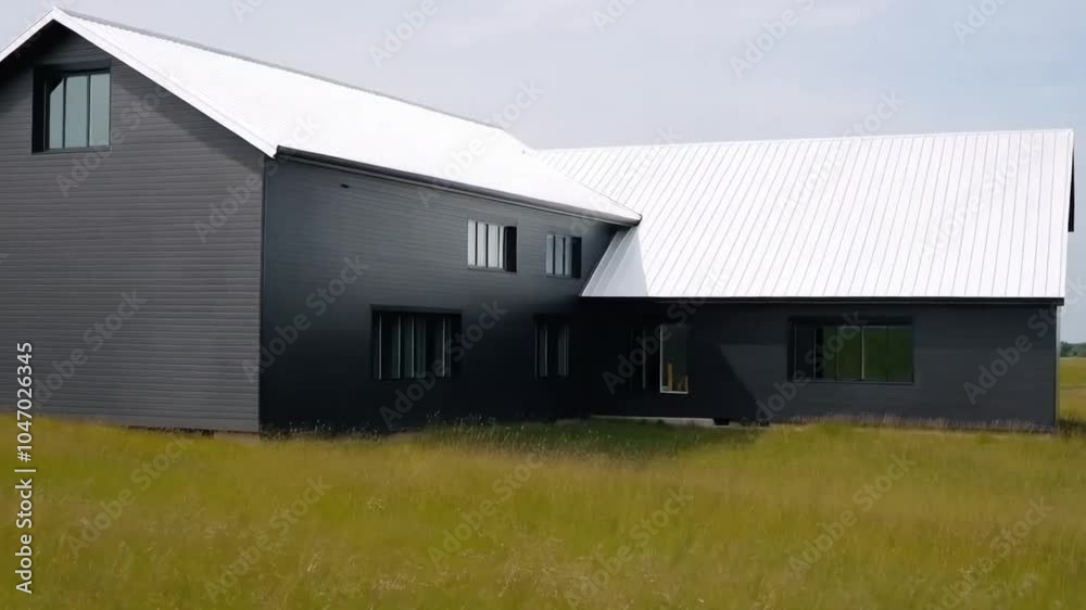 A modern farmhouse with dark gray siding and a contrasting white metal roof, set in an open grassy field. The dramatic color scheme gives the house a sophisticated, modern look. A modern farmhouse with dark gray siding and a contrasting white metal roof, set in an open grassy field. The dramatic color scheme gives the house a sophisticated, modern look.