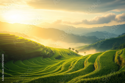 Landscape view of terraced rice field on highland, Aerial view of golden wheat terraced farm, Harvest season agriculture on the mountain with foggy and sunset view, 