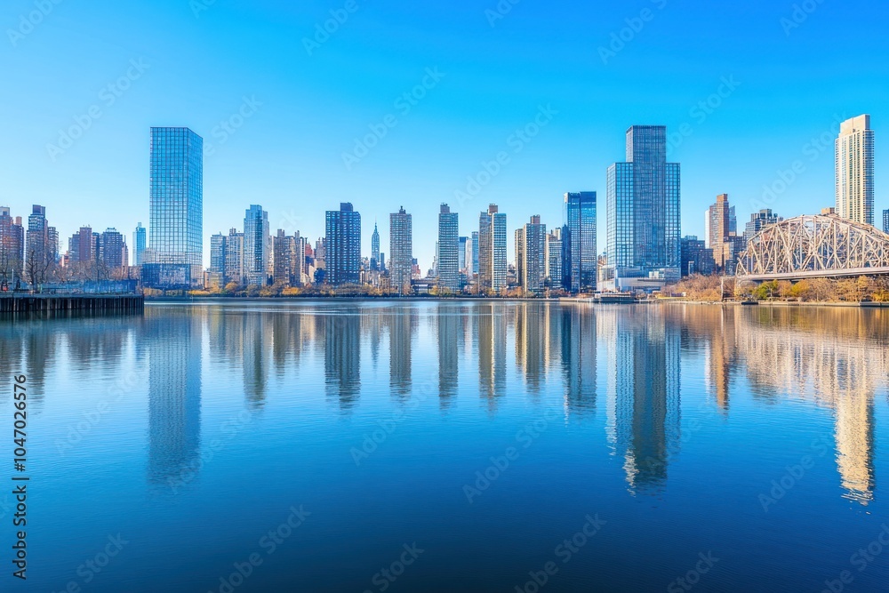 Obraz premium Urban city skyline reflected in calm water
