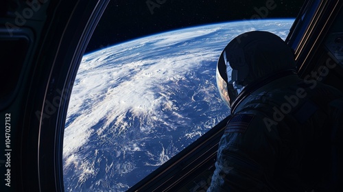 Fototapeta Naklejka Na Ścianę i Meble -  Earth Observation: Astronaut looking out of a spacecraft window, gazing at Earth beauty from space