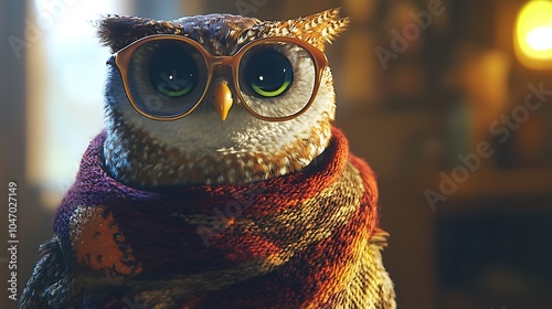 Owl wearing a fashionable scarf and large glasses looking like an influencer photo