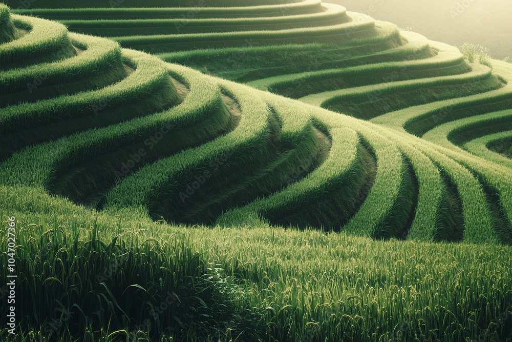Landscape view of terraced rice field on highland, Aerial view of golden wheat terraced farm, Harvest season agriculture on the mountain, Tea leaf farm terraced on the hill. Landscape view of terraced rice field on highland, Aerial view of golden wheat terraced farm, Harvest season agriculture on the mountain, Tea leaf farm terraced on the hill.