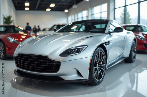 a close up view of a shiny car in a showroom with other vehicles in the background	
