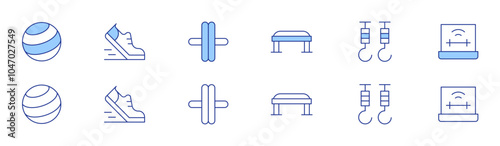 Fitness icon set in two styles, Duotone and Thin Line style. Editable stroke. bench, hooks, virtual reality fitness, fitball, running, wheel