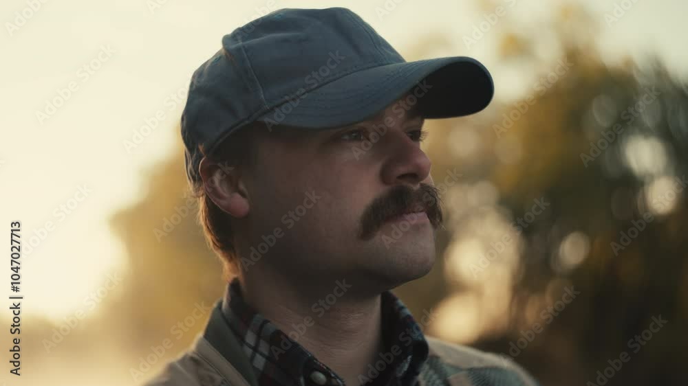 A Smiling young fly fisherman on a foggy river at sunrise A Smiling young fly fisherman on a foggy river at sunrise