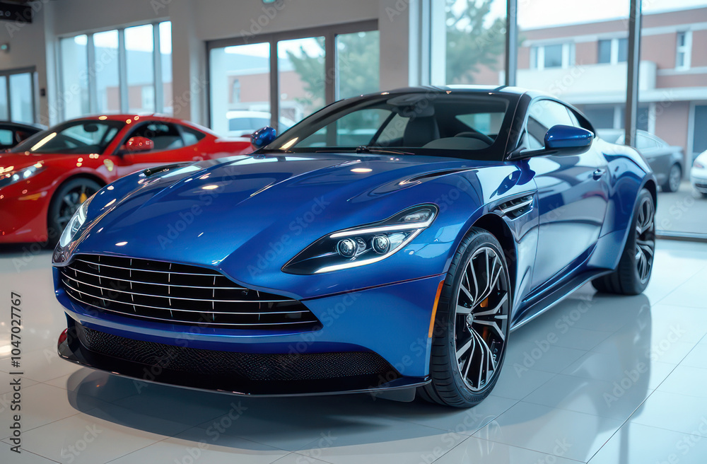 a close up view of a shiny car in a showroom with other vehicles in the background
a close up view of a shiny car in a showroom with other vehicles in the background