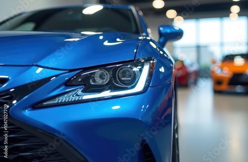 a close up view of a shiny car in a showroom with other vehicles in the background 