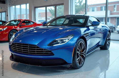 a close up view of a shiny car in a showroom with other vehicles in the background	
