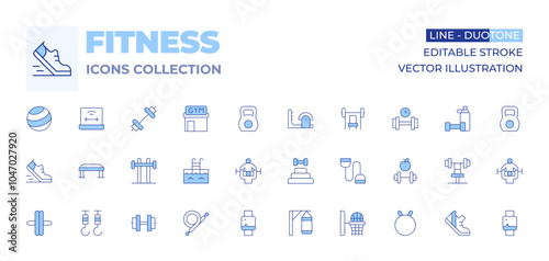 Fitness icons collection. Line Duotone style, editable stroke. goal, ladder barrel, trainer, weight, barbell, fitness, bench, gym, pool, virtual reality fitness, fitball, running