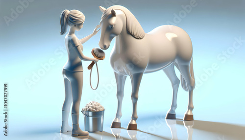 3D Glossy Image Woman Grooming Horse Plain Background Equine Care Soft Lighting Copy Space Left Ideal for Agricultural Advertisements Static Shot Horse Brushing Care Action White Backdrop photo