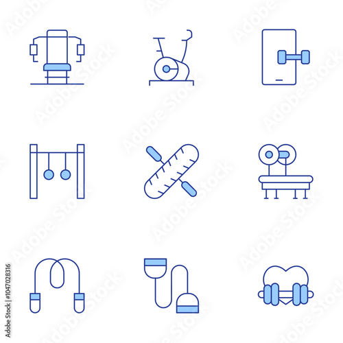 Fitness icons set. Line Duotone style, editable stroke. gym station, jumping rope, rings, bench press, expander, fitness app, heart, stationary bike, wheel