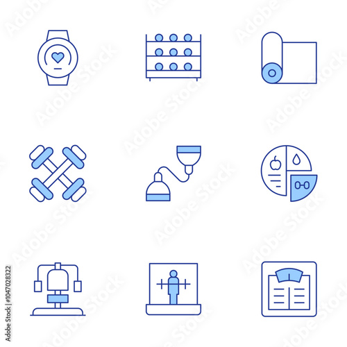 Fitness icons set. Line Duotone style, editable stroke. scale, stats, yoga mat, bracelet, dumbbells, fitness, pilates, resistance band, virtual reality fitness