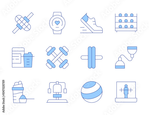 Fitness icons. Line Duotone style, editable stroke. protein shake, roller, bracelet, dumbbells, pilates, resistance band, running, wheel