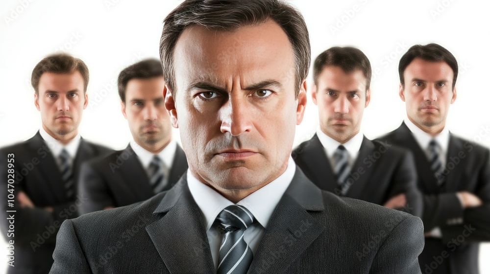 A project manager leading a team meeting with a presentation, looking authoritative, isolated on white. A project manager leading a team meeting with a presentation, looking authoritative, isolated on white.