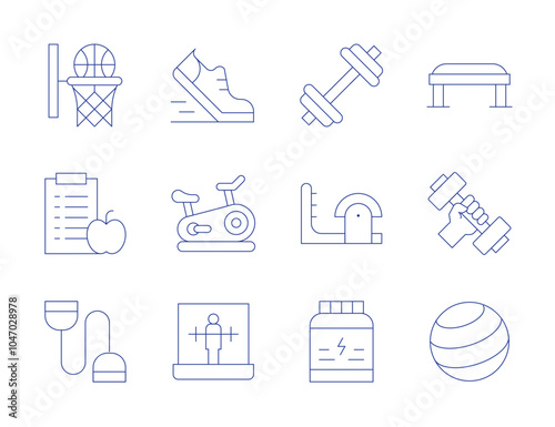 Fitness icons. Thin Line style, editable stroke. dumbbell, fitball, stationery bicycle, virtual reality fitness, diet, expander, ladder barrel, proteins