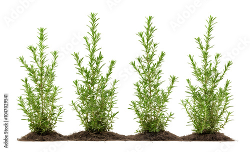 The rosemary plant (Salvia rosmarinus, Rosmarinus officinalis) is a herbaceous, perennial shrub presented as a frontal bush isolated on transparent background. PNG file, cut out