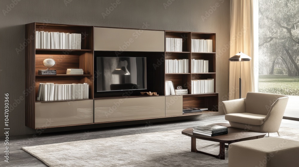 Modern living room, featuring a tall wooden bookcase with neatly arranged white books, beige accents, and a sleek light grey wall. Modern living room, featuring a tall wooden bookcase with neatly arranged white books, beige accents, and a sleek light grey wall.