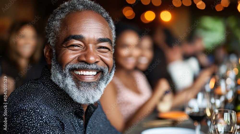 Senior executive having a casual conversation with friends at a fine dining event in a luxurious venue with soft ambient lighting Stock Photo with side copy space