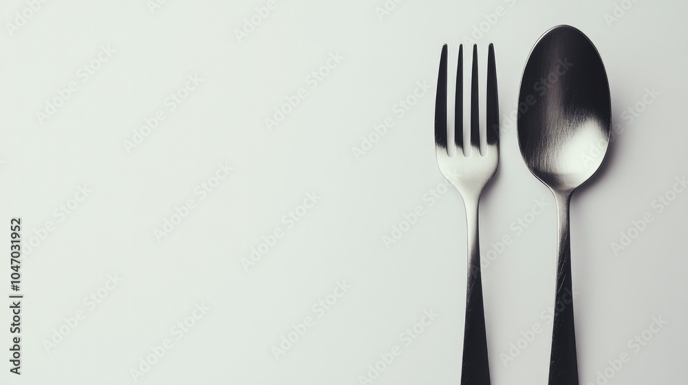 A spoon and fork set with smooth, minimalistic design placed diagonally on a white background, perfect for showcasing a refined and elegant dining style A spoon and fork set with smooth, minimalistic design placed diagonally on a white background, perfect for showcasing a refined and elegant dining style