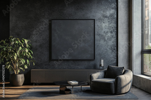 black frame mockup for modern minimalist living room with gray sofa and concrete wall decor
