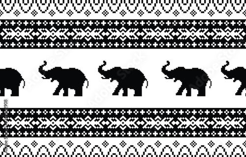 Elephant pattern. Seamless. White stripes, blue background. Ethnicity. Floral patterns, printed fabrics, pants, Lanna.	