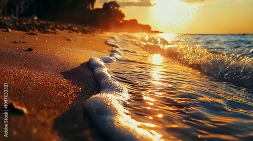 Captivating waves crashing against a golden sandy beach the setting sun casting a warm glowing reflection on the shimmering water  A serene and picturesque coastal landscape at dusk photo