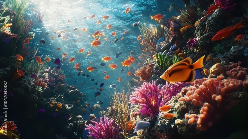 A coral reef teeming with life, including colorful fish, vibrant coral, and a clear, deep blue background. photo