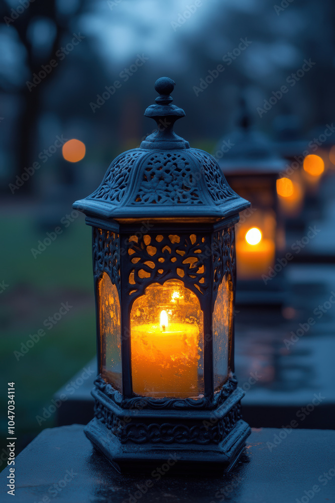 Decorative Glass Lanterns with Candles on Graves