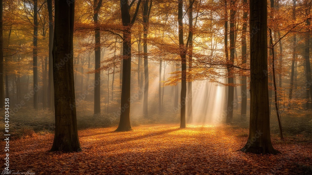 Fototapeta premium Sunlight beams through the trees in a misty autumn forest.