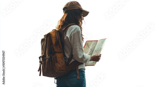A woman wearing a backpack and holding a map, ready for adventure, isolated on white background.