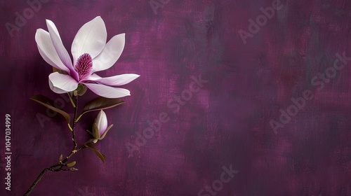 A single magnolia blossom with a pink center stands out against a deep purple background.