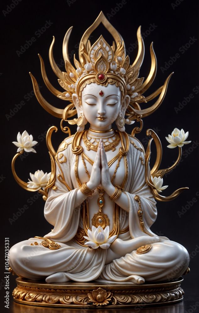 Fototapeta premium Golden Buddha Statue with Hands in Prayer Pose 