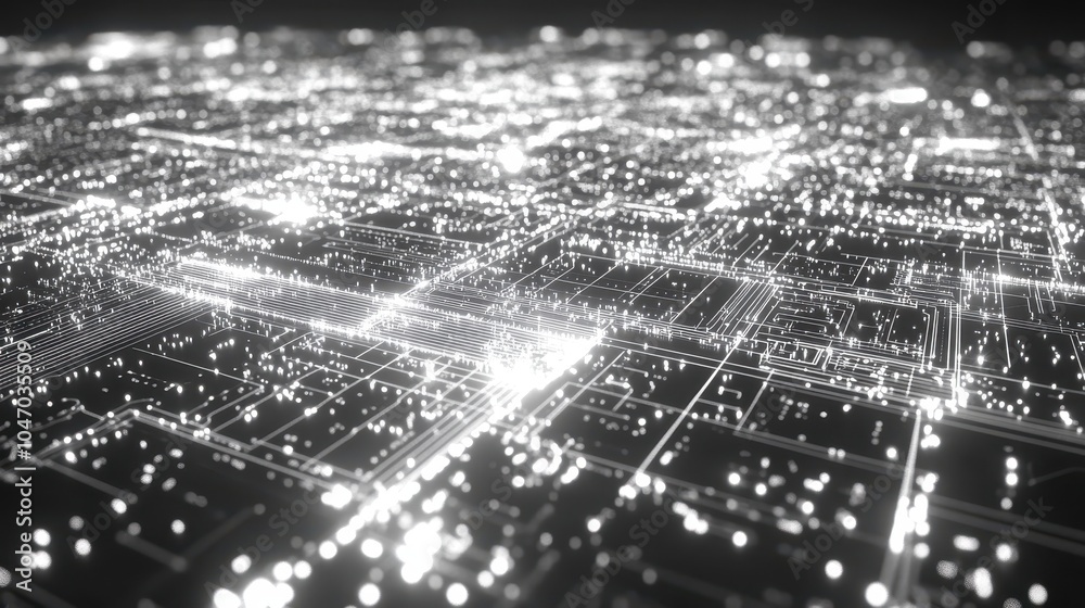 Obraz premium A digital circuit board texture with glowing lines and nodes, perfect for tech designs.