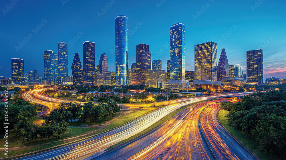 Fototapeta premium High-rise buildings and traffic lights at night