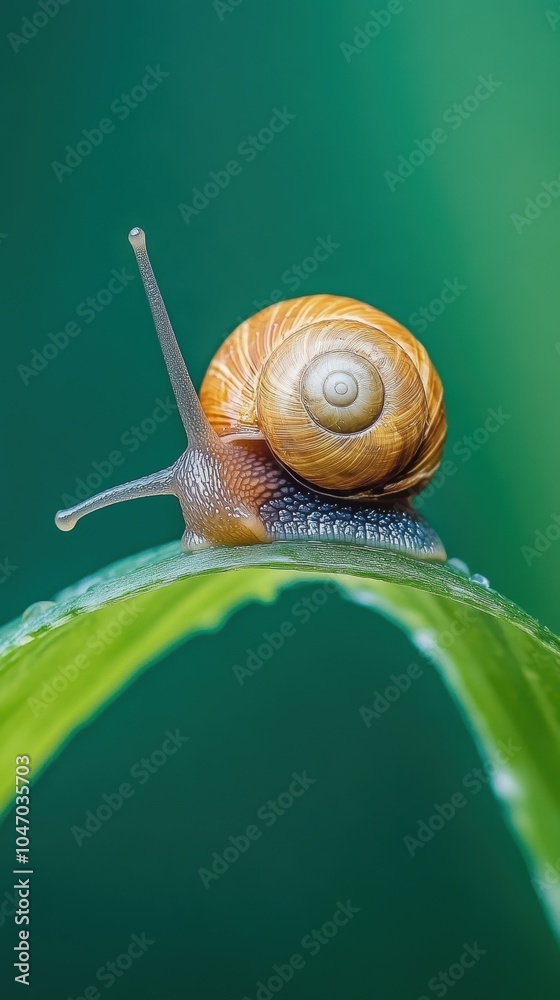 Snail crawling on green leaf with blurred green background Snail crawling on green leaf with blurred green background