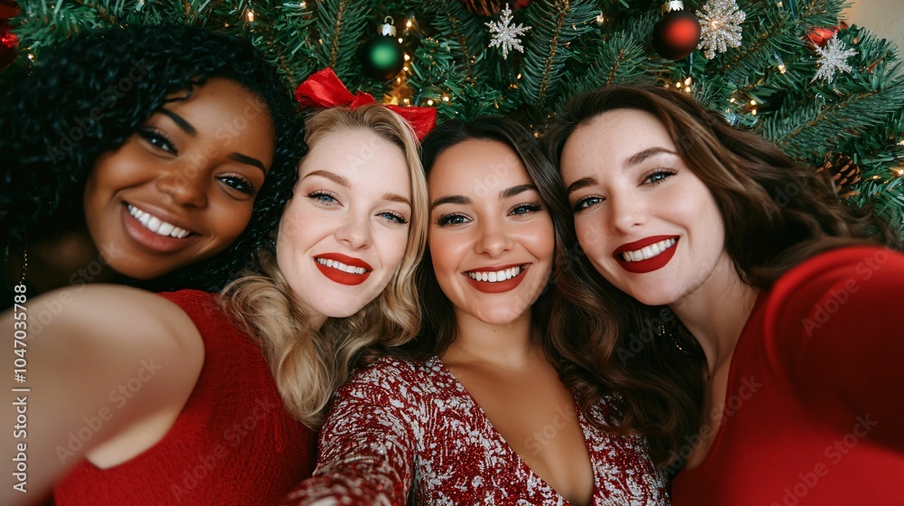 A festive group of four women wearing red outfits smiles at the camera, surrounded by Christmas decorations and a cheerful holiday atmosphere. A festive group of four women wearing red outfits smiles at the camera, surrounded by Christmas decorations and a cheerful holiday atmosphere.