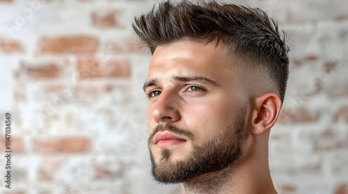 Closeup of a bold and modern undercut hairstyle design meticulously carved into the side of the scalp showcasing a sharp and geometric pattern against a minimalist background photo